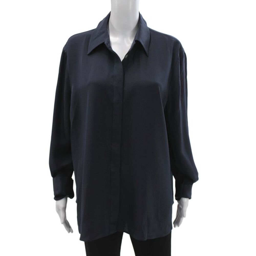 Lily Silk Womens Blouse Blue Collared Long Sleeve Solid Size 2XL